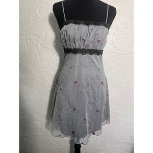 Thirty Thirty LA Grey Mesh Floral Embroidered Lace Trim Babydoll Dress XS Y2K